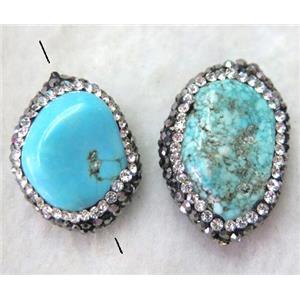 turquoise bead with rhinestone, freeform, blue, approx 12-18mm