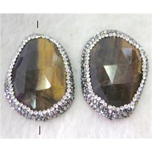 tiger eye stone bead with rhinestone, faceted freeform, approx 20-35mm