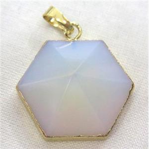 white opalite hexagon pendant, point, gold plated, approx 25mm dia