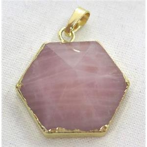 rose quartz hexagon pendant, point, gold plated, approx 25mm dia