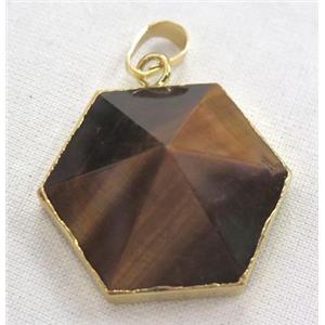 tiger eye stone hexagon pendant, point, gold plated, approx 25mm dia