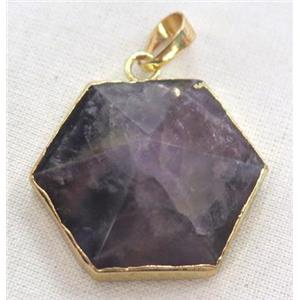 amethyst hexagon pendant, purple, point, gold plated, approx 25mm dia