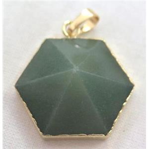 green aventurine hexagon pendant, point, gold plated, approx 25mm dia