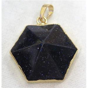 blue sandstone hexagon pendant, point, gold plated, approx 25mm dia