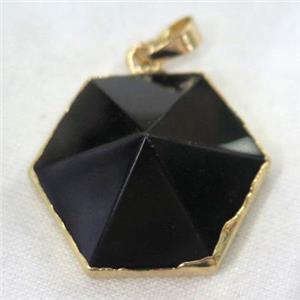 black onyx agate pendant, point, gold plated, approx 25mm dia