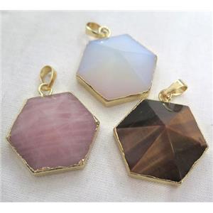 mix gemstone hexagon pendant, point, gold plated, approx 25mm dia