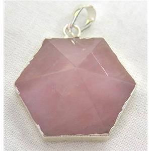 rose quartz hexagon pendant, point, silver plated, approx 25mm dia