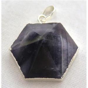 amethyst hexagon pendant, point, silver plated, approx 25mm dia