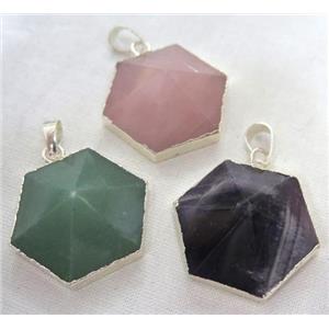 mix gemstone hexagon pendant, point, silver plated, approx 25mm dia