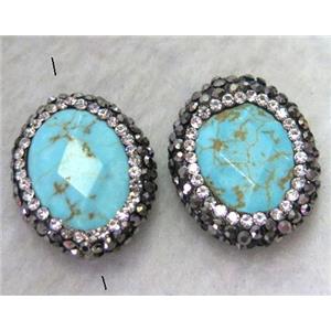 turquoise bead paved rhinestone, faceted oval, approx 20-25mm