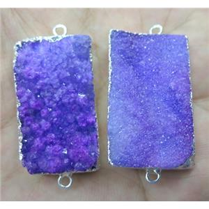 purple druzy quartz connector, rectangle, silver plated, approx 15-40mm