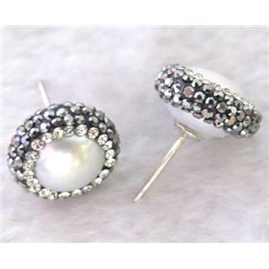 freshwater Pearl sterling silver earring studs paved rhinestone, approx 14-16mm