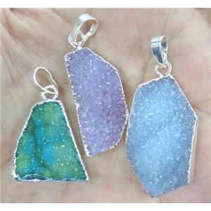 mix druzy agate pendant, freeform, silver plated, approx 10-30mm