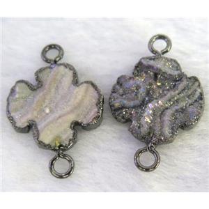 sun agate druzy connector, Four Leaf Clover, black plated, AB color, approx 20mm dia