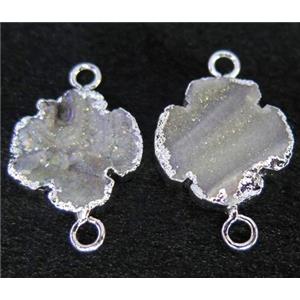 sun agate druzy connector, four-leaf clover, silver plated, AB color, approx 20mm dia