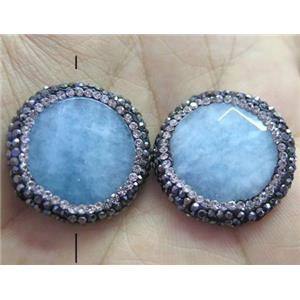 jade bead paved rhinestone, faceted flat-round, blue dye, approx 25mm dia