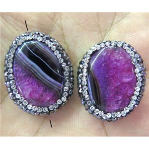 druzy agate bead pave rhinestone, oval, hotpink, approx 15-30mm