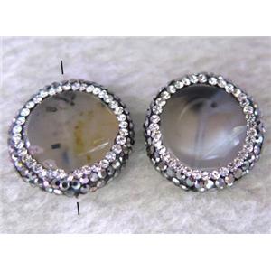 Heihua Agate bead paved rhinestone, flat-round, gray, approx 20mm dia