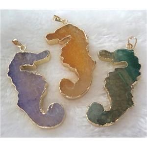 Agate Sea-Horse pendant, mix color, gold plated, approx 20-65mm