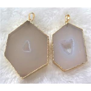 druzy agate pendant, grey, freeform, gold plated, approx 20-50mm