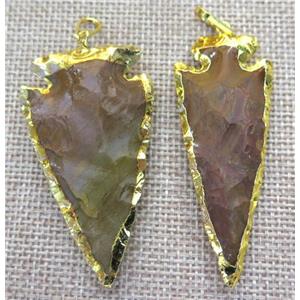 hammered Rock Agate arrowhead pendant, gold plated, approx 15-60mm