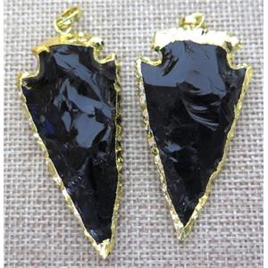 hammered black obsidian arrowhead pendant, gold plated, approx 15-60mm