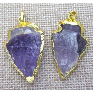 hammered amethyst arrowhead pendant, gold plated, approx 15-30mm