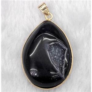 druzy agate pendant, teardrop, black, approx 20-35mm
