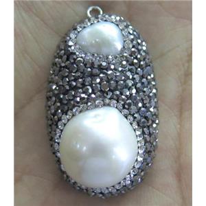 white freshwater pearl pendant paved rhinestone, approx 20-35mm