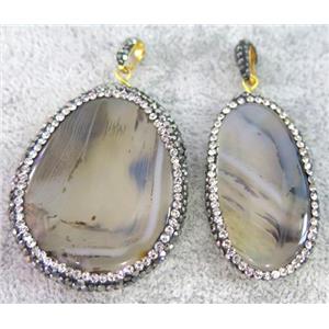 Heihua Agate pendant paved rhinestone, freeform, gray, approx 30-50mm