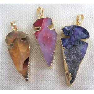 agate druzy arrowhead pendant, mix color, gold plated, approx 15-50mm