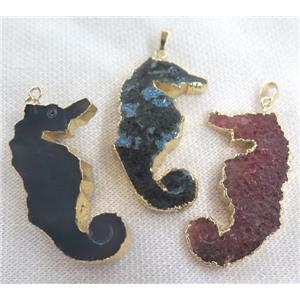 agate sea-horse pendant, mixed color, gold plated, approx 20-65mm