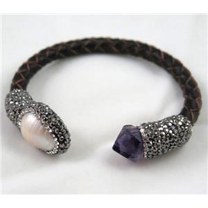 pearl and amethyst leather bracelet paved rhinestone, approx 10-16mm, 60mm dia