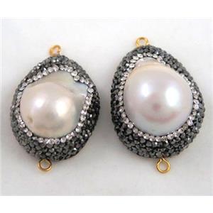 white freshwater pearl connector paved rhinestone, freeform, approx 15-30mm