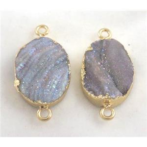 druzy sunAgate connector, oval, AB-color electroplated, approx 15-20mm