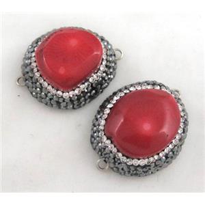 red coral connector paved rhinestone, freeform, approx 15-25mm