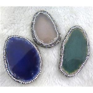 Agate slice pendant paved rhinestone, freeform, mix color, approx 20-60mm
