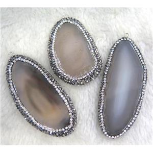 gray Agate slice pendant paved rhinestone, freeform, approx 20-60mm