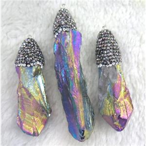 clear quartz pendant paved rhinestone, stick, rainbow electroplated, approx 12-50mm