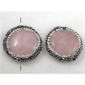 rose quartz bead paved rhinestone, flat-round, pink, approx 25mm dia