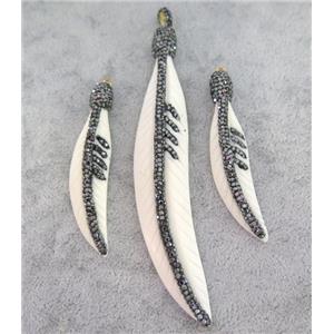 whiite cattle bone pendant paved rhinestone, feather, approx 12-60mm