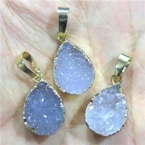 druzy agate pendant, teardrop, gold plated, approx 10-16mm