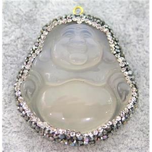 white jade chalcedony buddha pendant paved rhinestone, approx 35-40mm