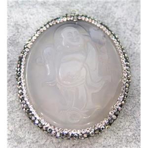 white jade chalcedony buddha pendant paved rhinestone, approx 45-50mm