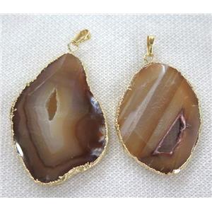 druzy agate slice pendant, coffee, faceted freeform, gold plated, approx 20-60mm
