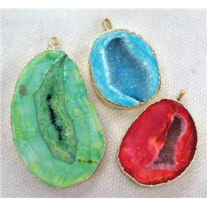 druzy agate pendant, freeform, mix color, gold plated, approx 20-65mm