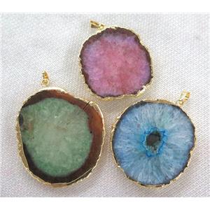 mix druzy agate slice pendant, freeform, gold plated, approx 20-60mm