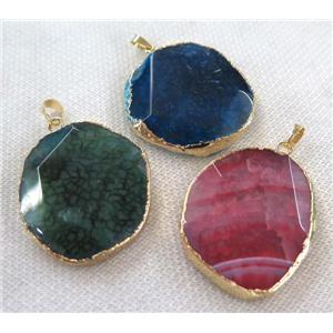 agate slice pendant, faceted freeform, gold plated, mixed color, approx 20-40mm