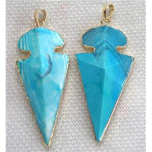 agate arrowhead pendant, blue, point, gold plated, approx 15-60mm