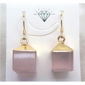 rose quartz cube earring, gold plated, approx 10-15mm